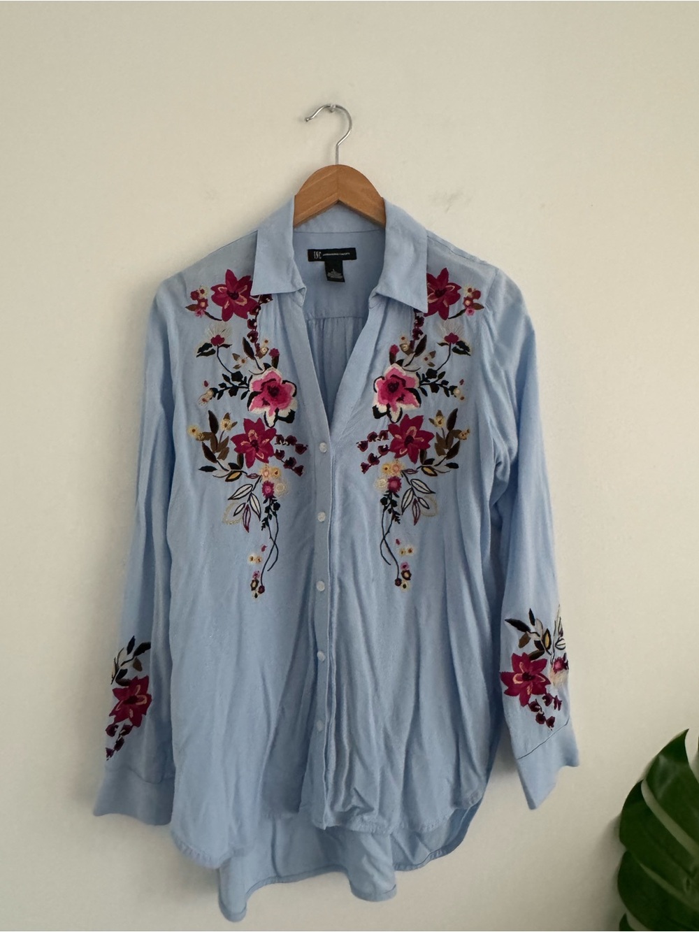 Light Blue Floral Embroidered Button-Up Shirt